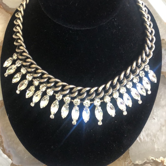 Crystal on Edgy Antiqued Silver Curb Chain Statement Necklace-Boutique - Picture 6 of 6